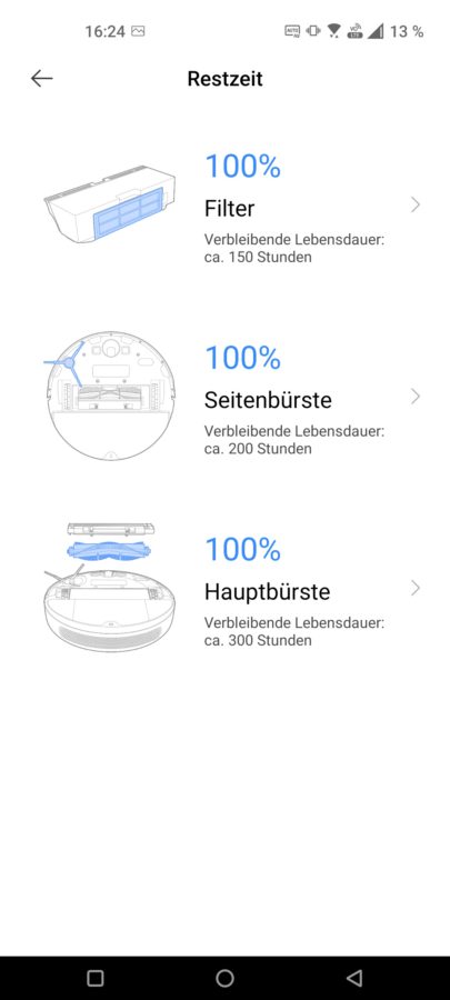 Dreame D9 Max Test Screenshot Filter Restzeit