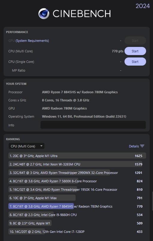 Beelink SER8 Cinebench MC