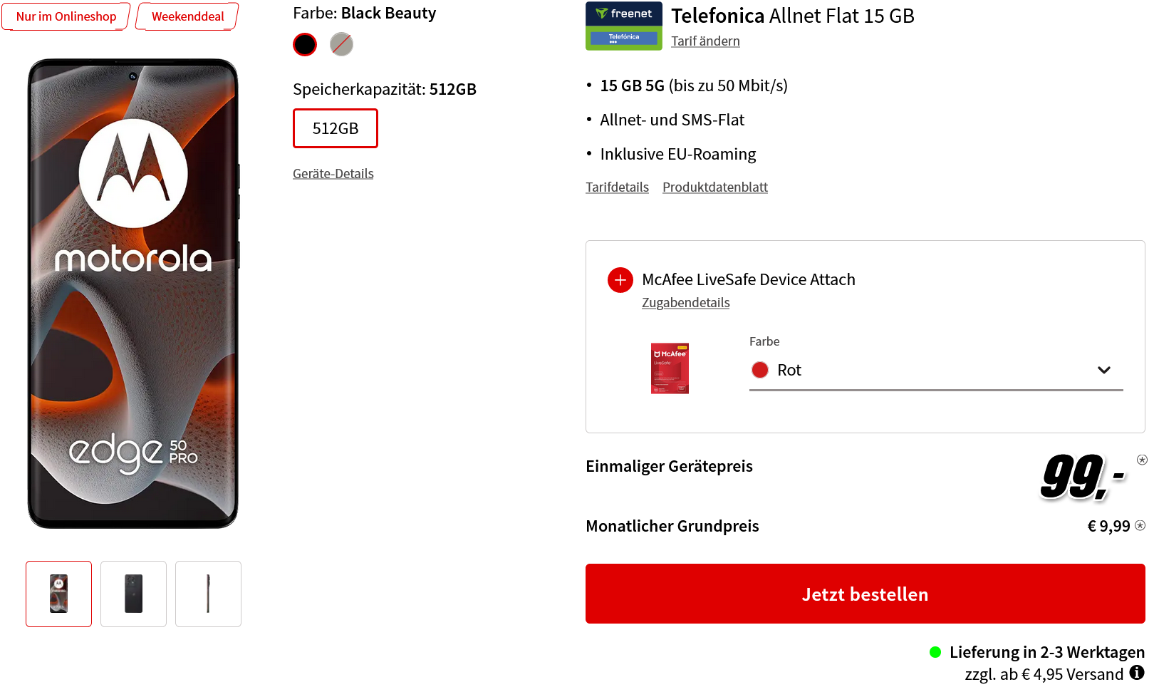 Motorola edge 50 pro McAfee LiveSafe Device Attach mit Vertrag MediaMarkt Tarifwelt