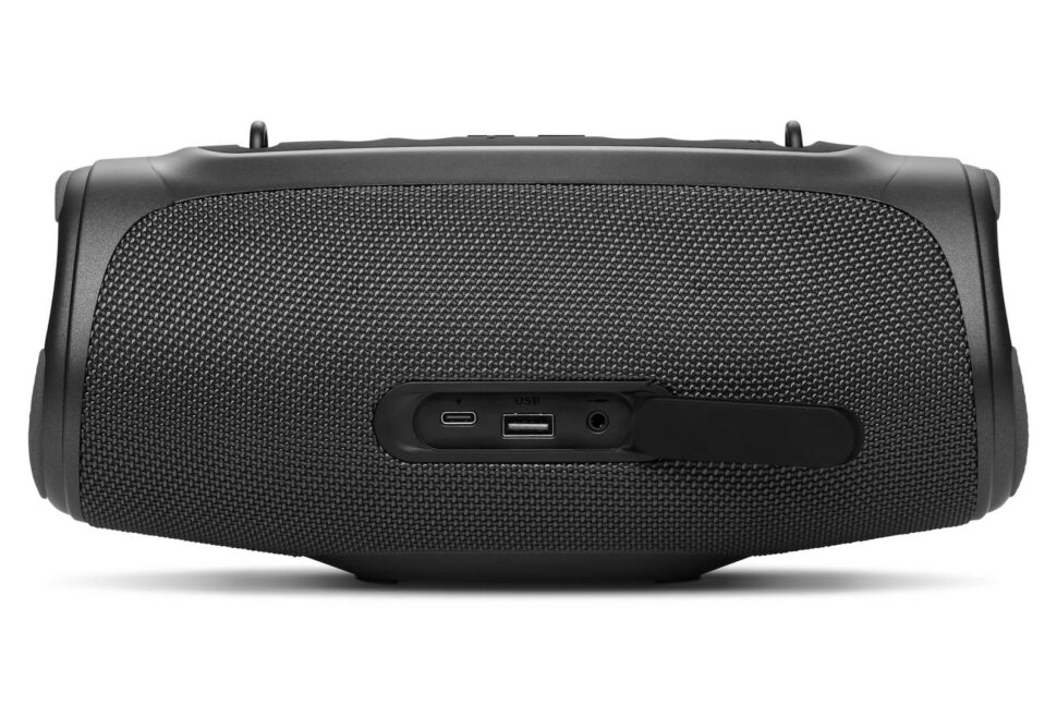 ECOM medion CE MD43746 BT speaker Anthrazit Blau Rueckseite mit Anschluessen