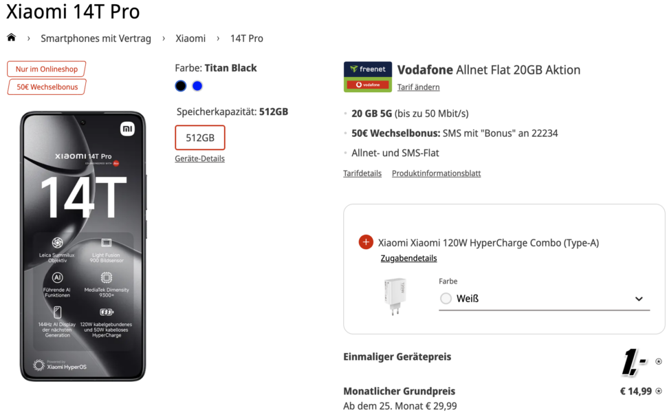 xiaomi 14t pro vertragsdeal mediamark vodafone