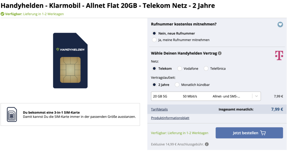 20gb Telekom Tarif Handyhelden Klarmobil