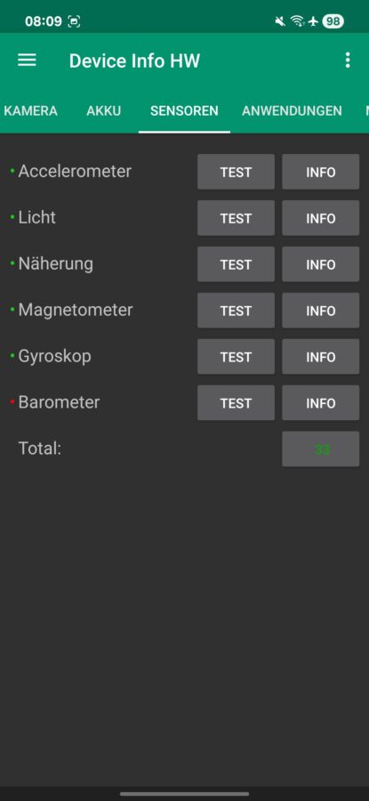 SAMSUNG Galaxy A26 5G Test Screenshot Sensoren