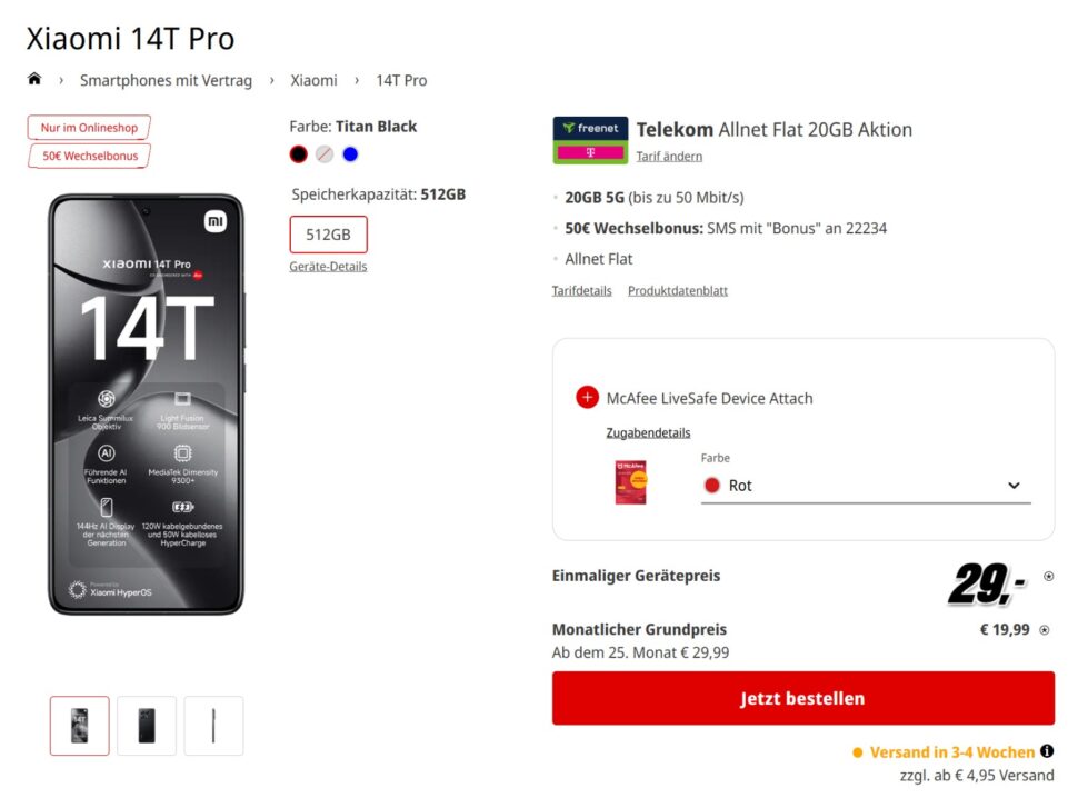 Xiaomi 14T Pro Vertragsdeal MediaMarkt Freenet Telekom 20GB 2