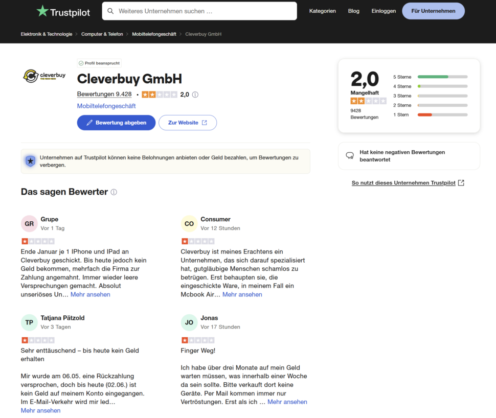 Bewerrtung Cleverbuy Trsutpilot