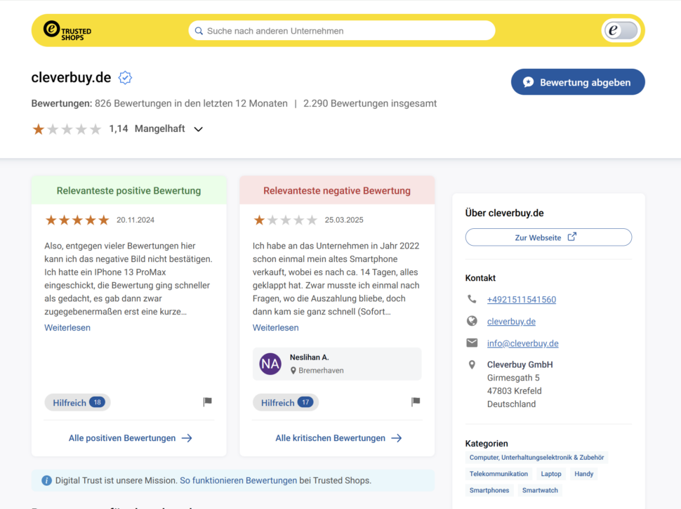 Bewertung Trussted Shops Cleverbuy
