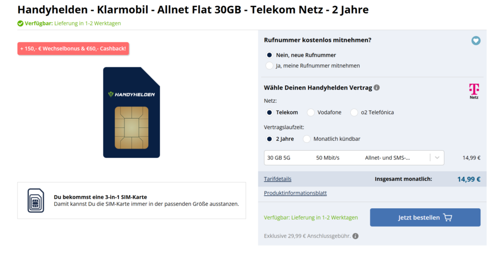 Handyhelden Klarmobil telekom Deal