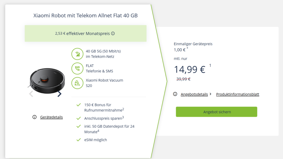 Freenet 40GB Telekom Vertragsdeal Xiaomi Robot S20 1