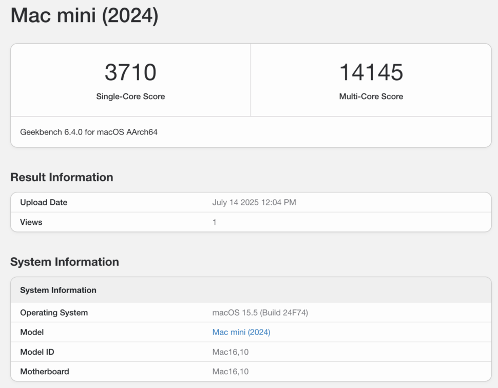 Apple Mac Mini 2024 Test geekbench 6