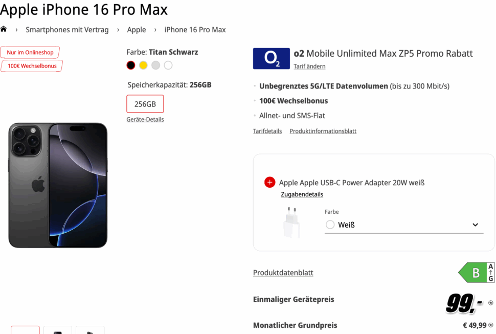 iPhone 16 Pro Max mit Vertrag MediaMarkt Tarifwelt