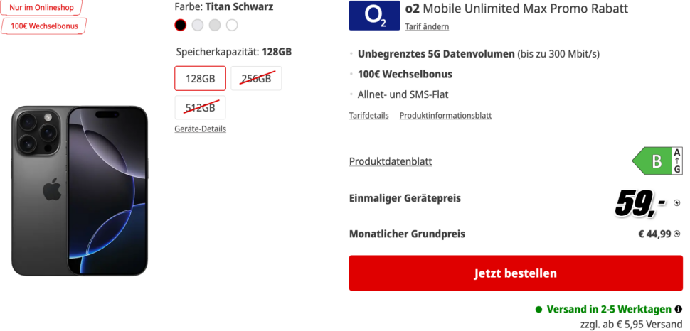 iPhone 16 Pro mit O2 Vertrag MediaMarkt Tarifwelt