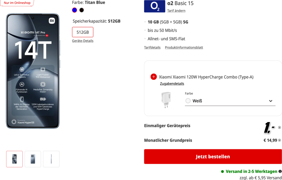 Xiaomi 14T Pro Xiaomi Xiaomi 120W HyperCharge Combo mit O2 Vertrag MediaMarkt Tarifwelt