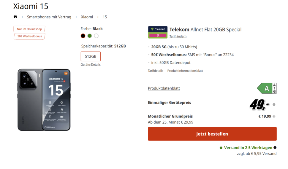 Xiaomi 15 20GB Telekom Angebot