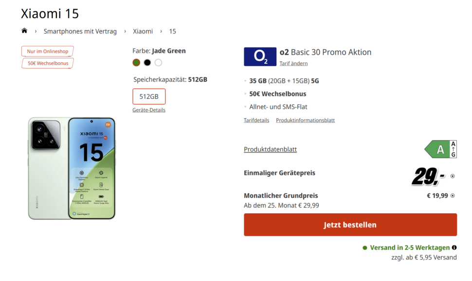 Xiaomi 15 35GB O2 Angebot