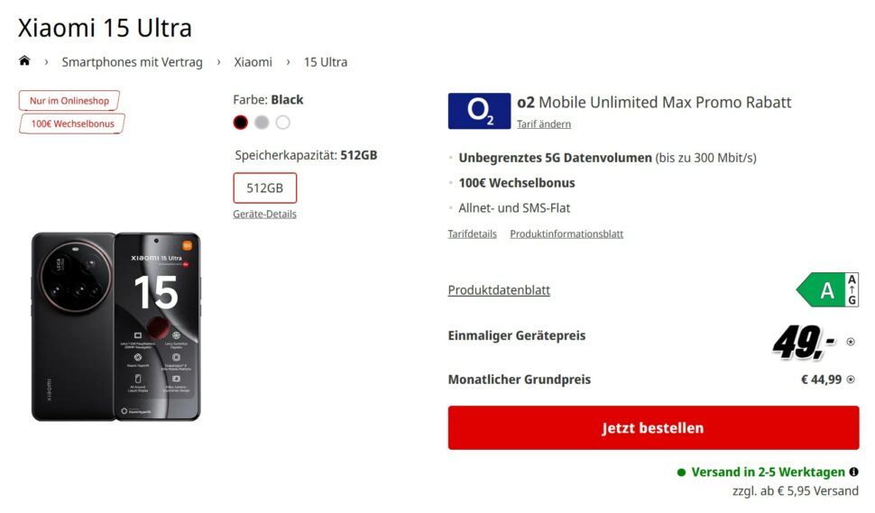 Xiaomi 15 Ultra mit kostenlosem O2 Unlimited Max Vertrag Juli 2025