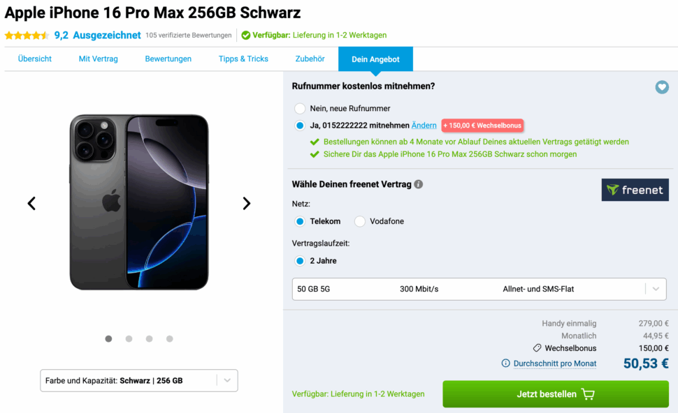 Telekom mit Apple iPhone 16 Pro Max 256GB