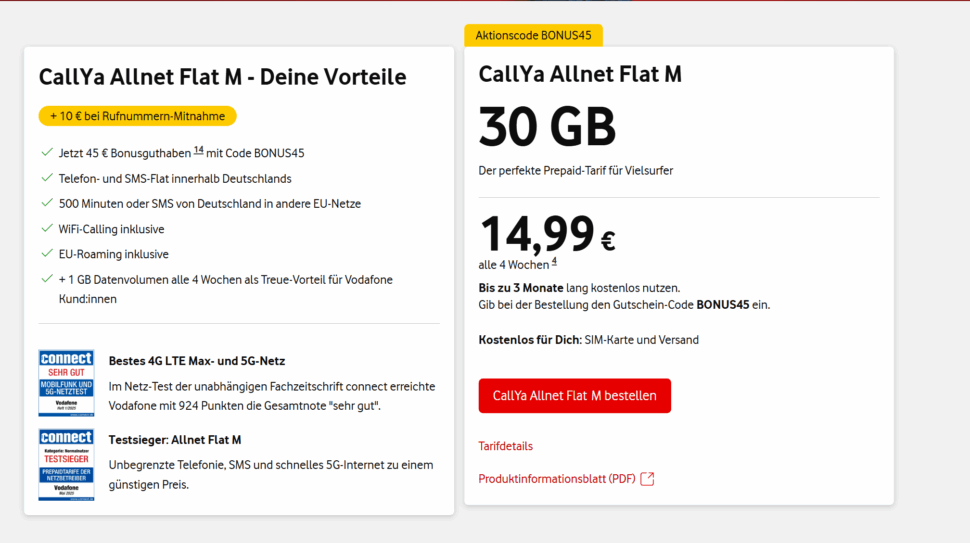CallYa M Bonus 45 Aktion Vodafone
