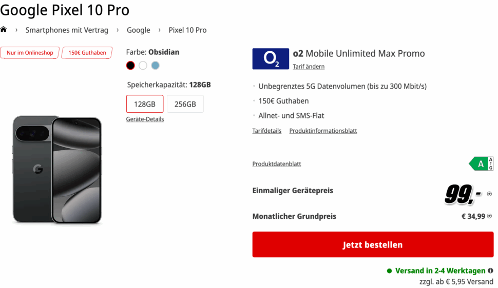 Google Pixel 10 Pro mit O2 Vertrag MediaMarkt Tarifwelt