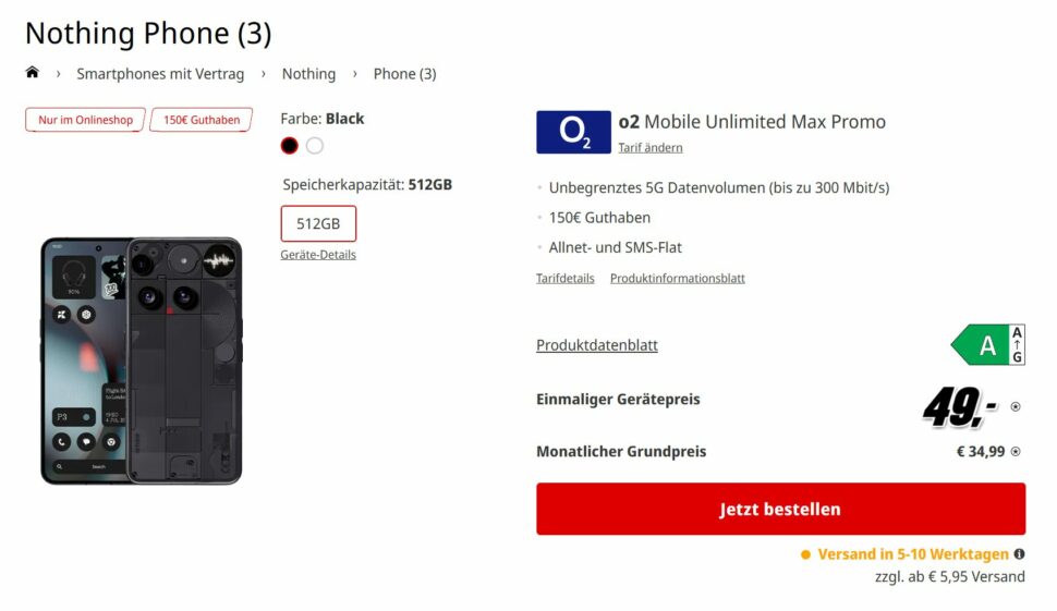 Nothing Phone 3 O2 Unlimited bei MediaMarkt