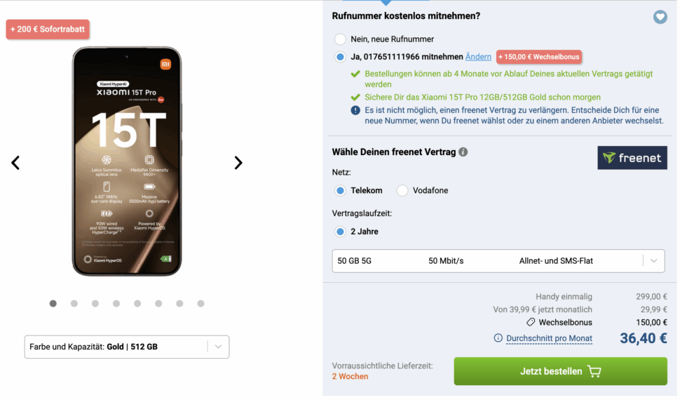 Freenet Xiaomi 15T Pro 50GB Telekom Vertrag