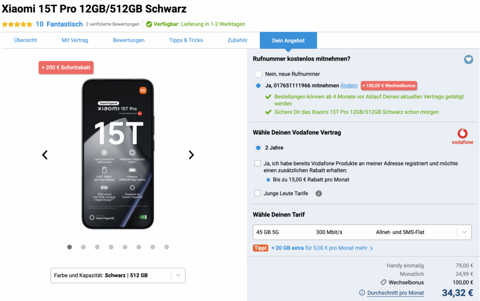 Xiaomi 15T Pro Schwarz bei Gomibo Vodafone Vertrag