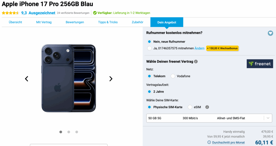 Apple iPhone 17 Pro 256GB Blau kaufen Gomibo.de 