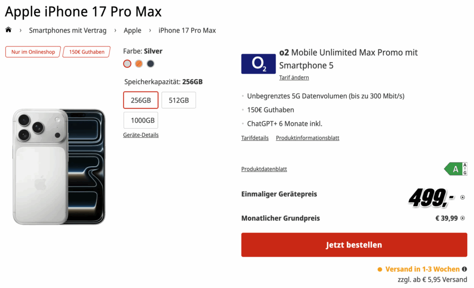 iphone 17 pro max mediamarkt o2 unlimited deal