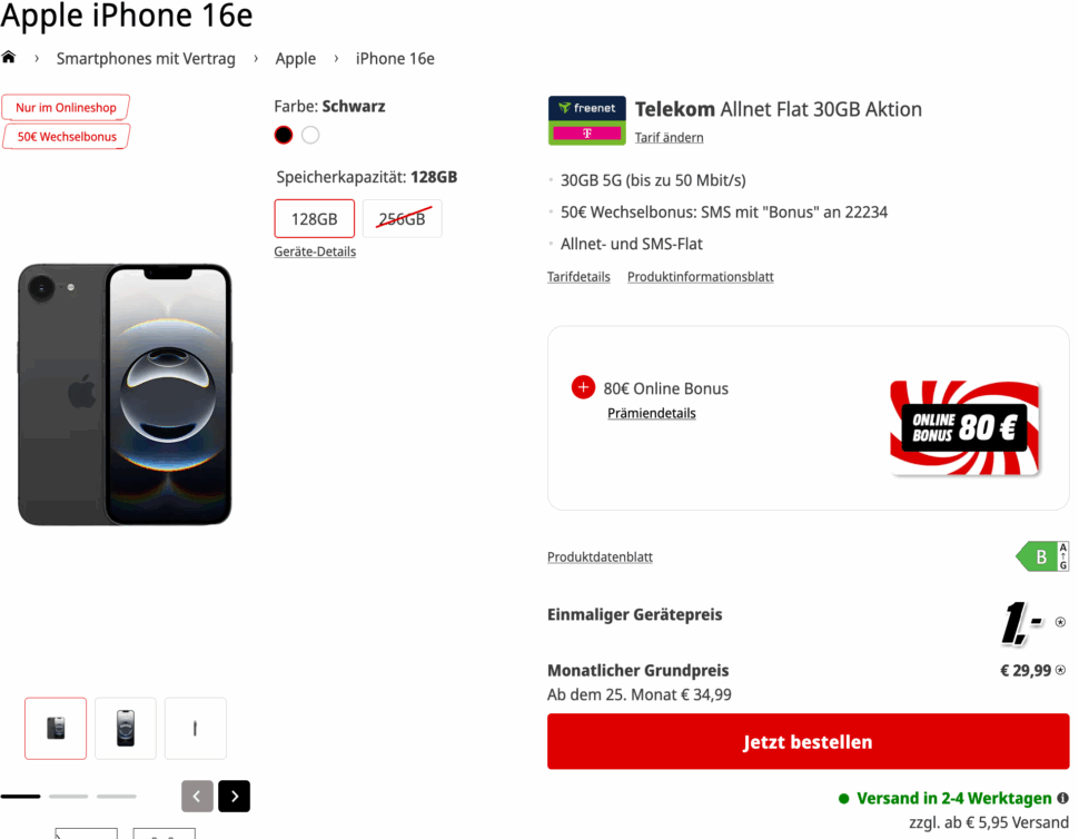 iPhone 16e mit 80E Online Bonus mit Vertrag MediaMarkt Tarifwelt iPhone 16e mit 80E Online Bonus mit Vertrag MediaMarkt Tarifwelt