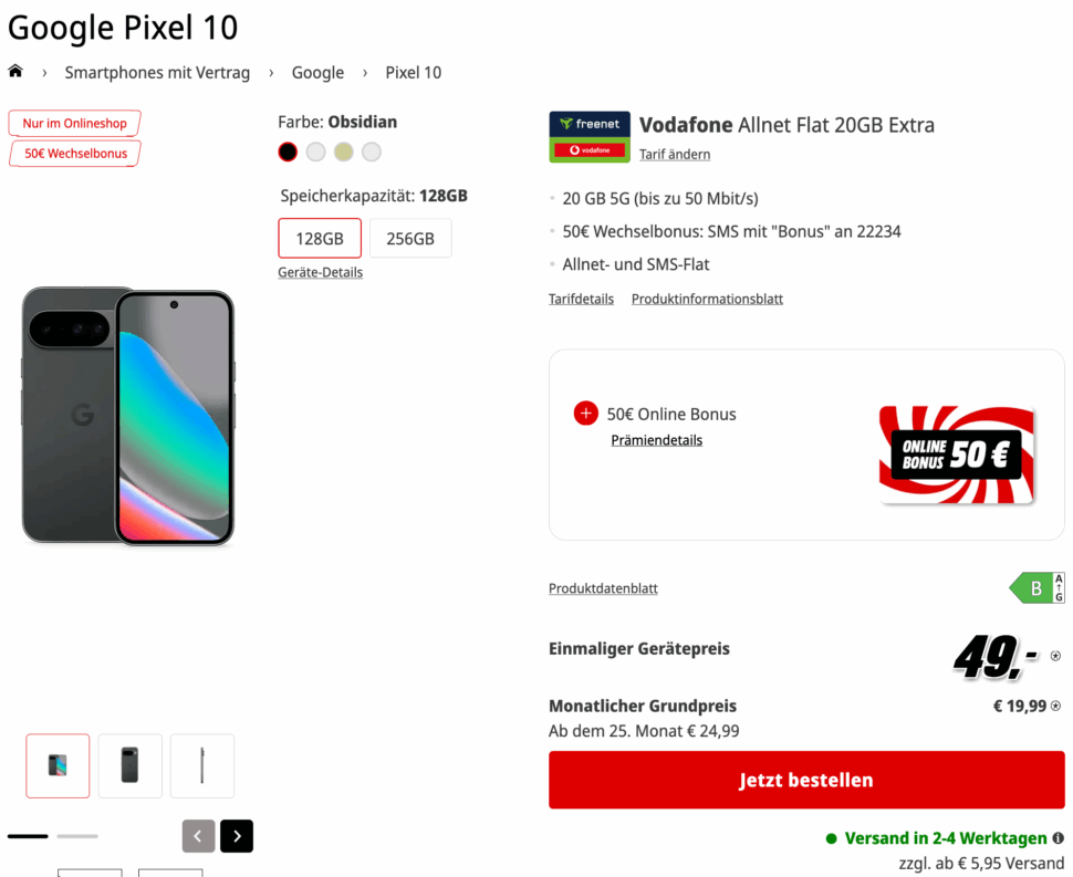 Google Pixel 10 50E Online Bonus mit Vertrag MediaMarkt Tarifwelt