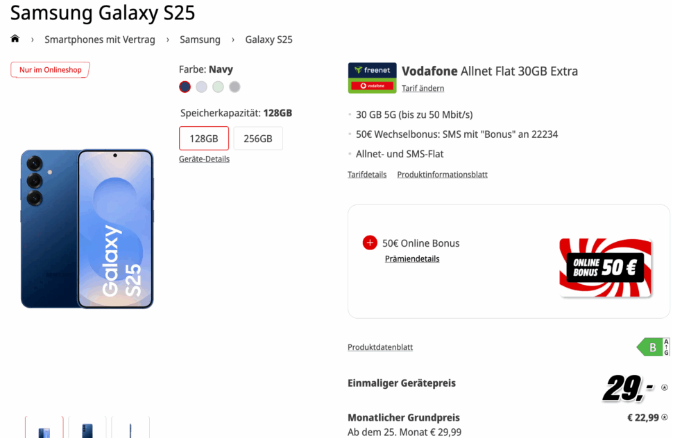 Screenshot 2025 11 17 at 19 02 37 Samsung Galaxy S25 50euro Online Bonus mit Vertrag MediaMarkt Tarifwelt