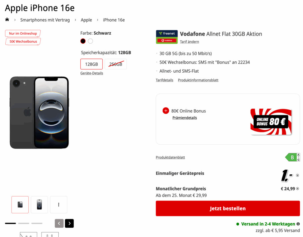 iPhone 16e Apple 80E Online Bonus mit Vertrag MediaMarkt Tarifwelt