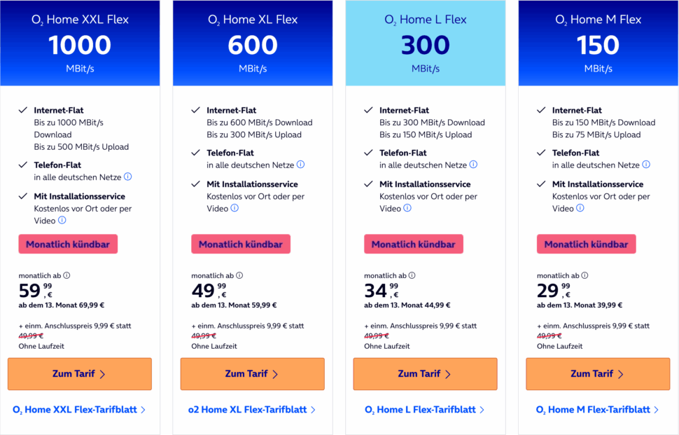 O2 Glasfaser Flex Tarife im Vergleich O2 Glasfaser Flex Tarife im Vergleich