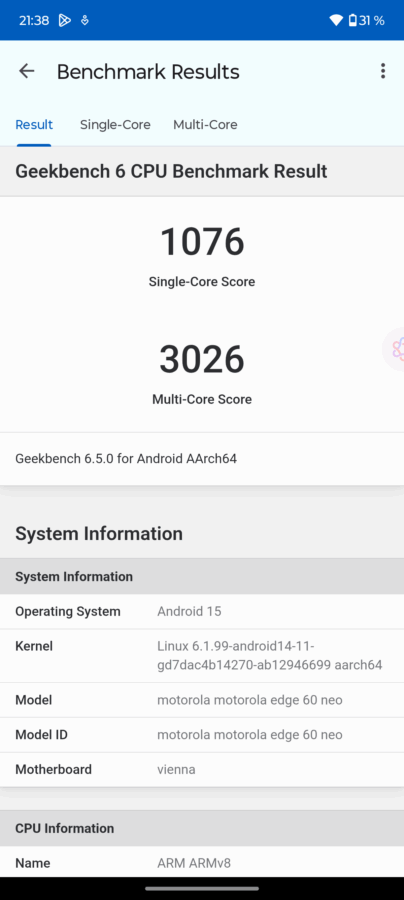 screenshot motorola edge 60neo geekbench screenshot motorola edge 60neo geekbench