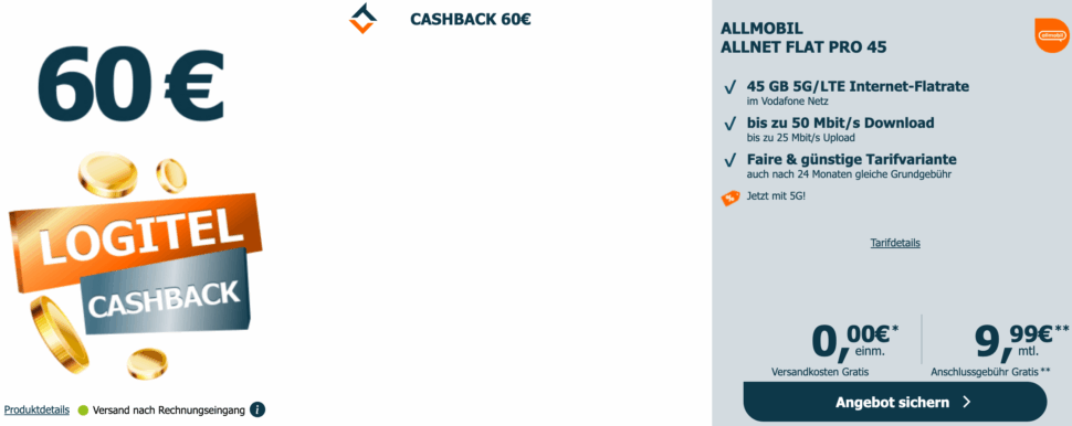 Allmobil Flat L mit 60E LogiTel Cashback Allmobil Flat L mit 60E LogiTel Cashback