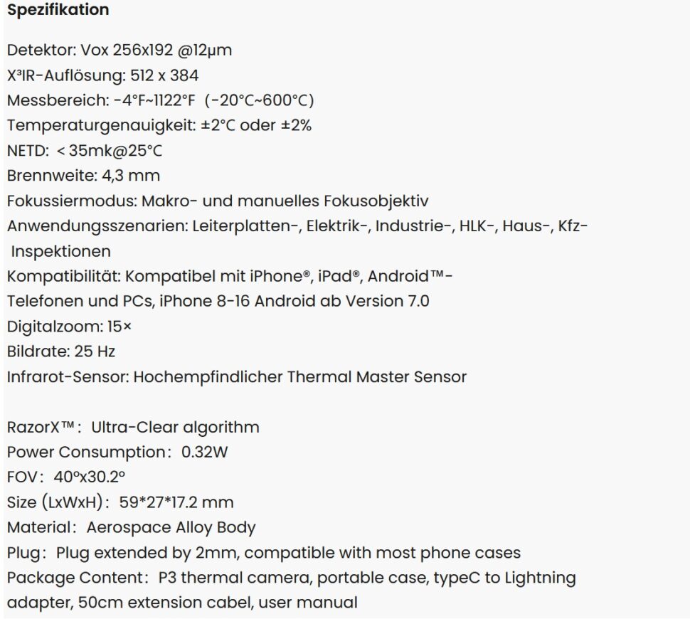 Thermal Master P3 technische Daten 2 Thermal Master P3 technische Daten 2