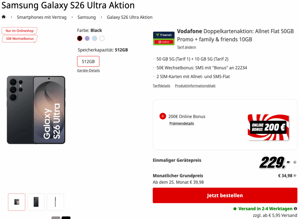 Samsung Galaxy S26 Ultra 200E Online Bonus mit Vertrag MediaMarkt Tarifwelt Samsung Galaxy S26 Ultra 200E Online Bonus mit Vertrag MediaMarkt Tarifwelt