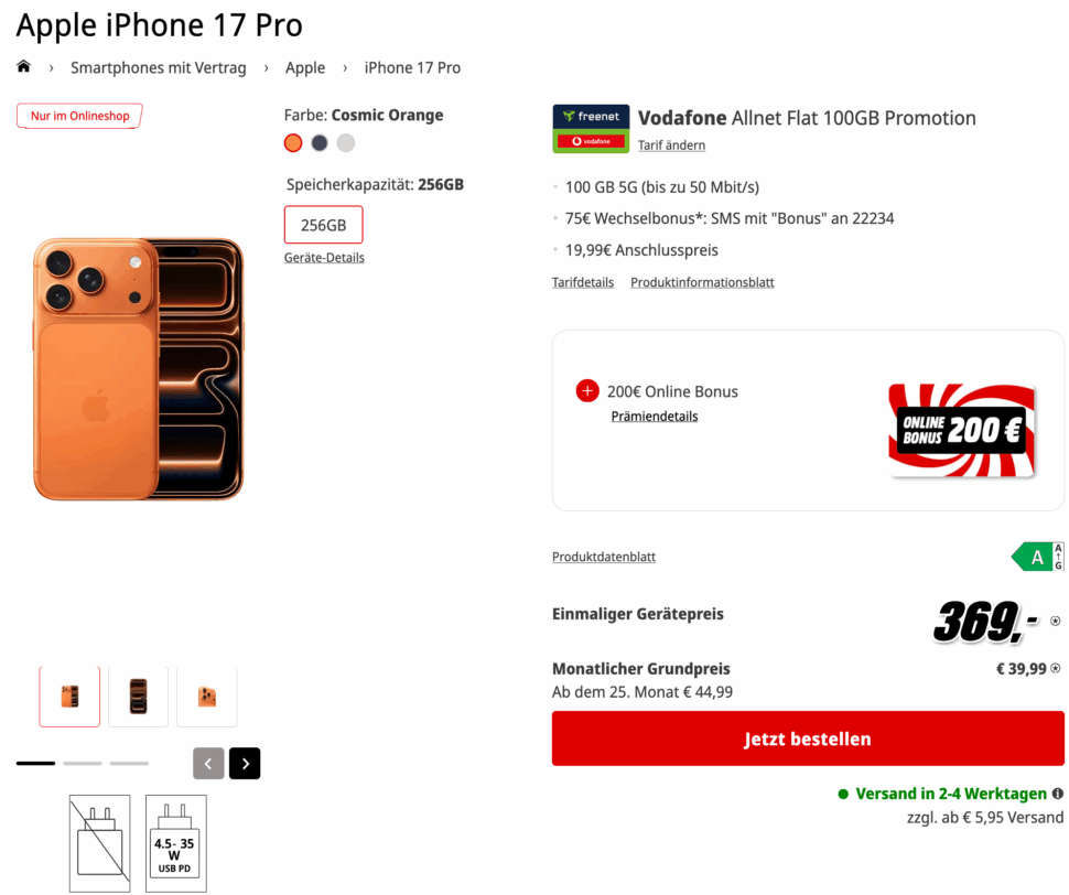 iPhone 17 Pro 200E Online Bonus mit Vertrag MediaMarkt Tarifwelt