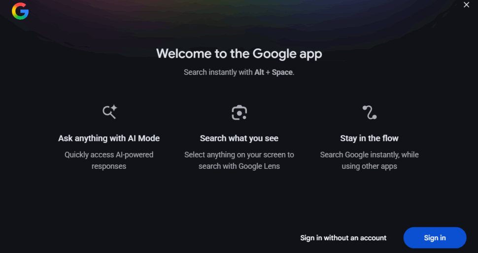 Google App fuer Windows Screenshot I Google App fuer Windows Screenshot I