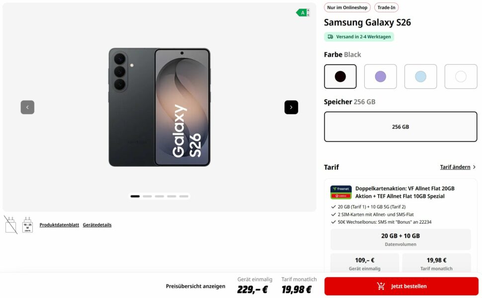 Samsung s26 Vertragsdeal MediaMarkt Freenet zwei Tarife April 26 1 Samsung s26 Vertragsdeal MediaMarkt Freenet zwei Tarife April 26 1