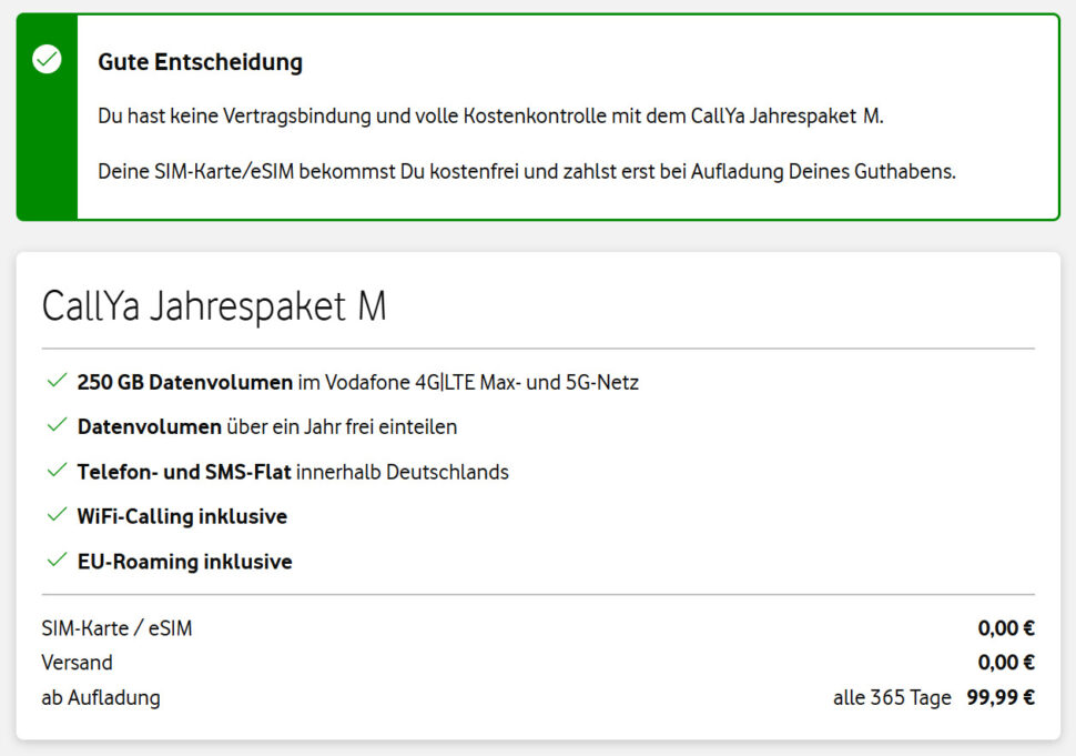 Vodafone Jahrespaket M 250GB April 26 Vodafone Jahrespaket M 250GB April 26