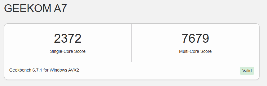 Geekom A7 20226 GeekBench 6 Geekom A7 20226 GeekBench 6