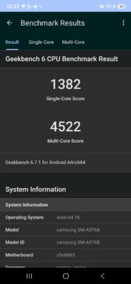 Samsung Galaxy A57 Test Screenshot Geekbench 6 Samsung Galaxy A57 Test Screenshot Geekbench 6