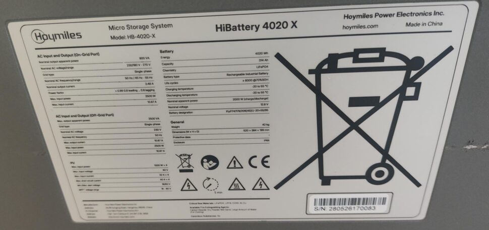 Hoymiles HiBattery 4020 X Typenschild Hoymiles HiBattery 4020 X Typenschild