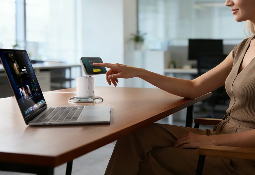 pisen idock schreibtisch Pisen iDock auf einem Schreibtisch neben einem Notebook, das Handy wird per NFC aufgeweckt