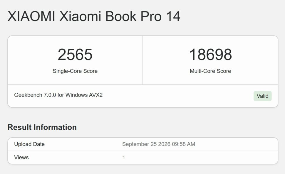 Xiaomi Book Pro 14 Geekbench 7 Xiaomi Book Pro 14 Geekbench 7