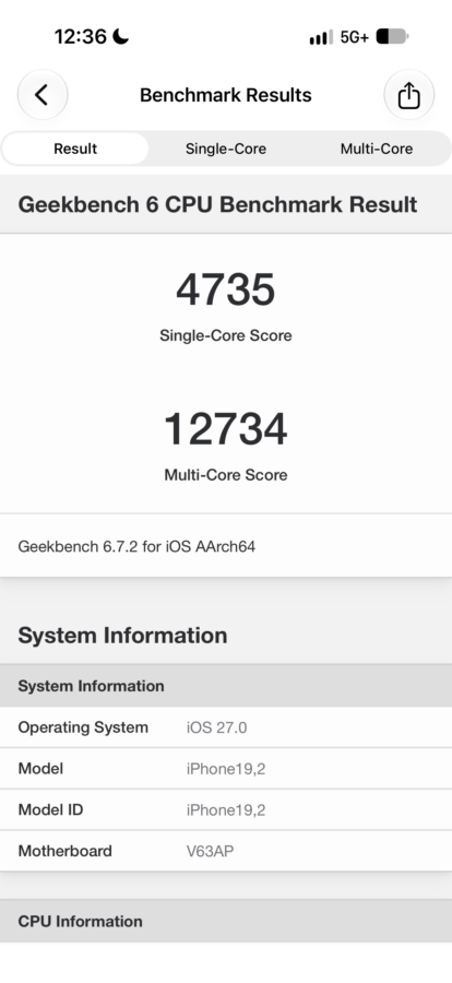 apple iphone 18 pro geekbench 6 Apple iPhone 18 Pro Screenshot