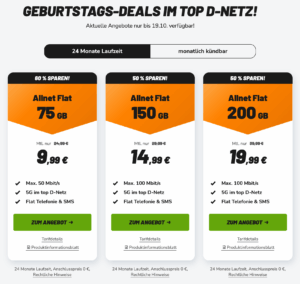 klarmobil Geburtstagsaktion mit 75GB, 150GB und 200GB im Vodafone-Netz, gültig bis 19. Oktober 2026