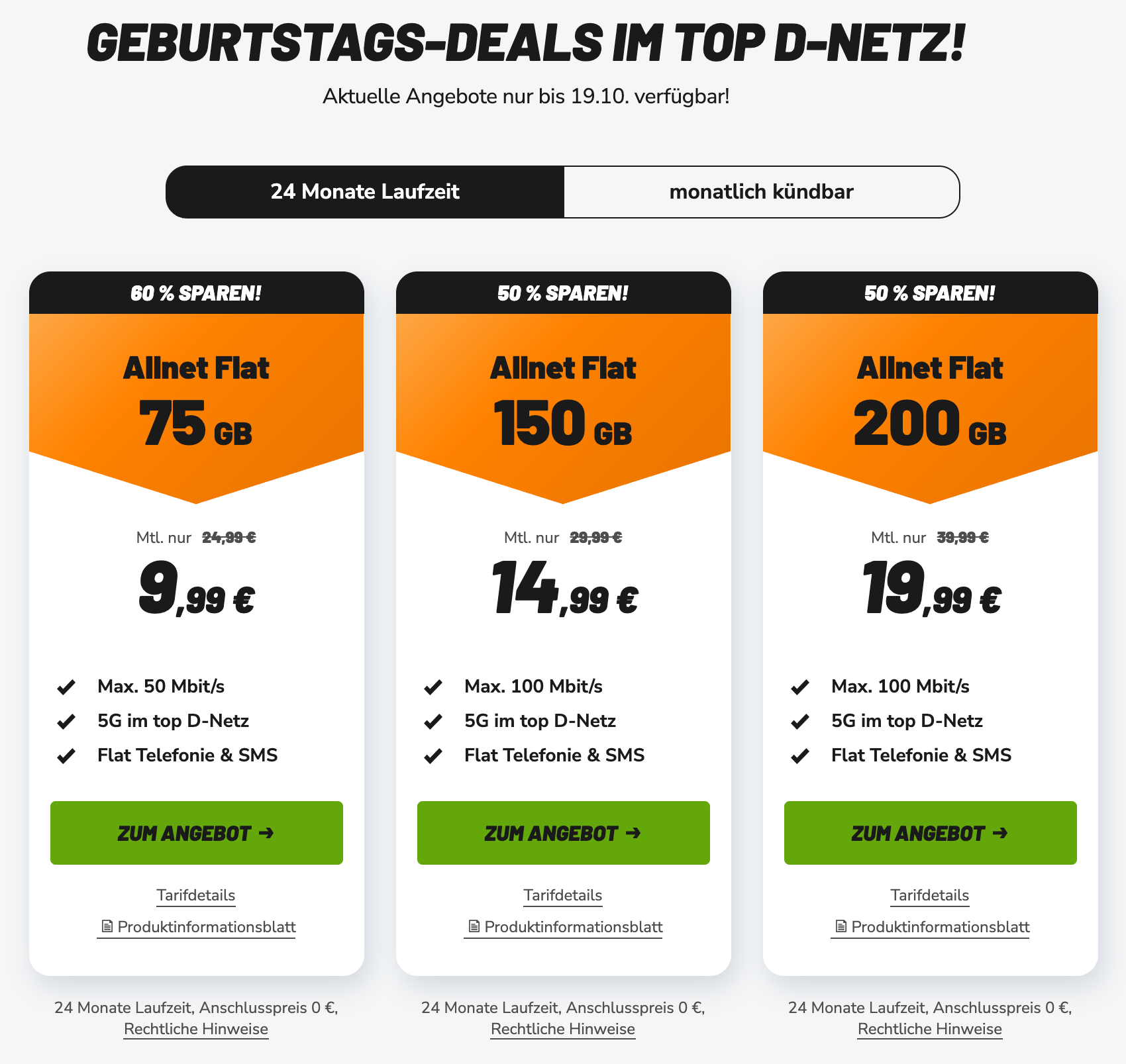 klarmobil geburtstag vodafone tarife oktober 2026 klarmobil Geburtstagsaktion mit 75GB, 150GB und 200GB im Vodafone-Netz, gültig bis 19. Oktober 2026