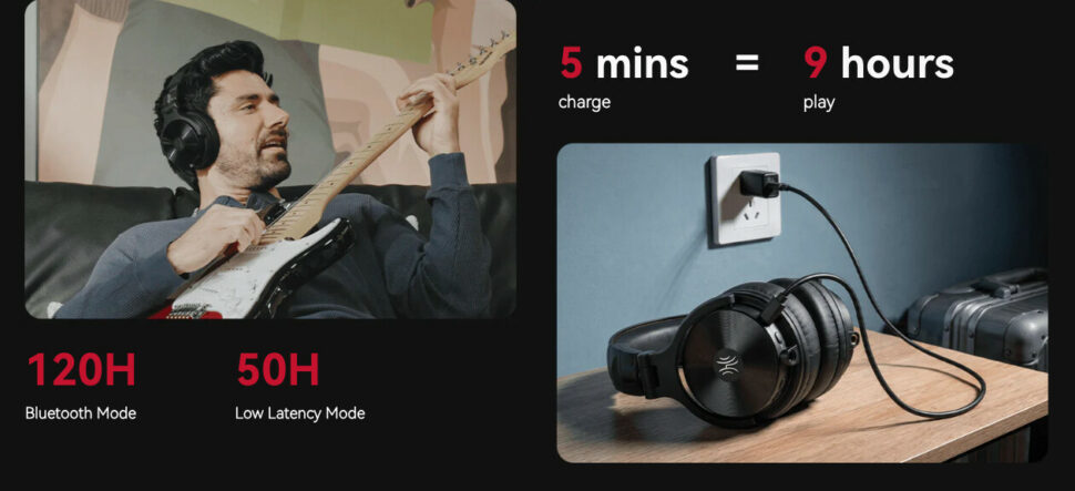 oneodio studio max 2 hersteller akkulaufzeit Akkulaufzeit des OneOdio Studio Max 2: 120 Stunden per Bluetooth, 50 Stunden im Low-Latency-Modus