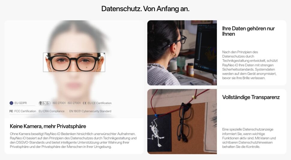 rayneo io hersteller datenschutz ohne kamera RayNeo iO ohne Kamera: Herstellergrafik zu Datenschutz, DSGVO und Zertifizierungen